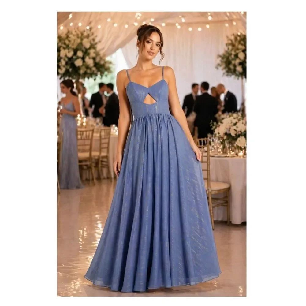 Mac Duggal 49738 Blue Gold Chiffon Cut Out A-Line Pleated Gown Dress NWT $398